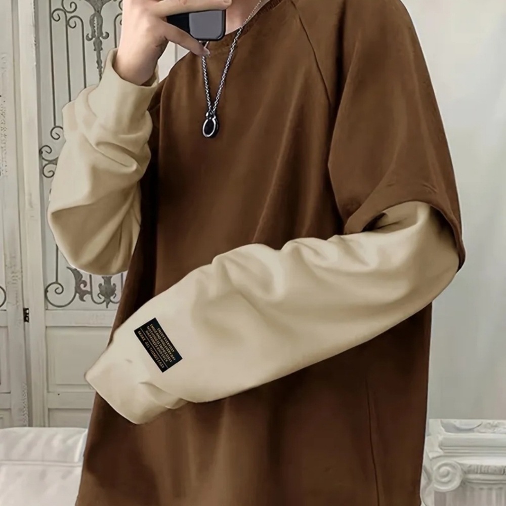 Stylish Men's Brown and Tan Long Sleeve Shirt